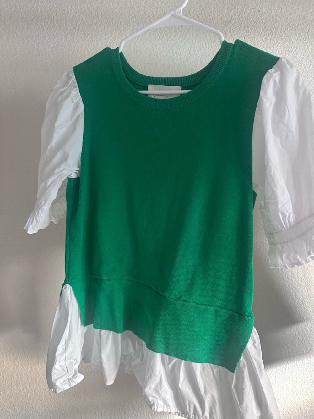 Anthropologie Green Knit Overlay Top with White Puff Sleeves